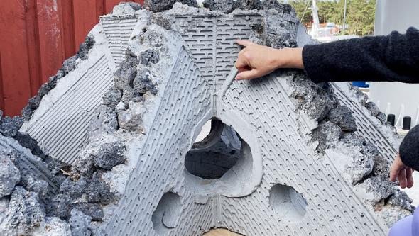 Concrete reefs with small cavities and other structures on their surface to help coral larvae attach. With their hard structures and crevices, they are also a haven for squat lobsters, fish, 